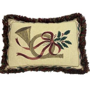 Riverdale Christmas French Horn Holly Berries Fringed Accent Pillow